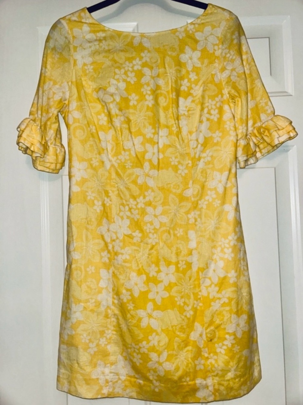 Lilly Pulitzer Linen Cotton Floral Fiesta Shift Dress 2 Yellow Ruffle Feminine